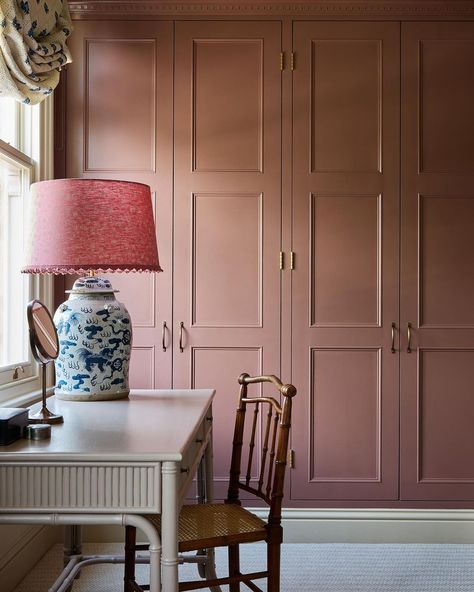 Little Greene | @uns.hobbs describes our Nether Red shade as 'a warm pink with a real vintage vibe. It uplifts the space without being too overpowering'.… | Instagram Dusty Pink Dressing Room, Red Wardrobe Bedroom, Little Greene Nether Red, Peignoir Bedroom, Picture Rail Bedroom, Pink Dressing Room, Grand Bedroom, Bespoke Wardrobes, Red Dresser