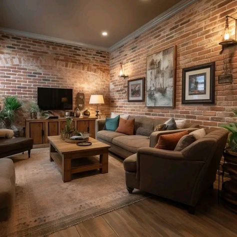 Brick Wall House Interiors, Brick Wall Decoration Ideas, Brick Wall Behind Tv, Brick Interior Wall Living Room, Brick Fireplace Living Room Decor, Rustic Lounge Ideas, Brick Wall Lounge, Red Brick Interior Living Rooms, Rooms With Brick Walls