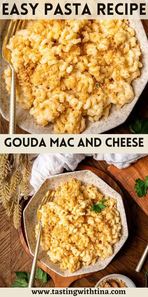 This comforting recipe for Gouda Mac and Cheese is a delicious and cheesy pasta dish. Made with a combination of cheddar cheese and gouda cheese for a velvety sauce and topped with golden brown breadcrumbs for the best crunchy texture. You are going to love this recipe! Gouda Mac And Cheese Recipe, Gouda Cheese Recipes, Gouda Mac And Cheese, Creamy Macaroni And Cheese, Macaroni Recipes, Mac Cheese Recipes, Cheesy Pasta, Gouda Cheese, Yummy Pasta Recipes