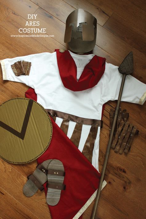 DIY Ares Greek Mythology Costume - simple costume for school Greek Mythology Unit Odysseus Costume, Greece Crafts For Kids, Ares Costume, Ares Greek Mythology, Greece Crafts, Greek Mythology Costumes, Roman Soldier Costume, Mythology Costumes, Ancient Greek Costumes