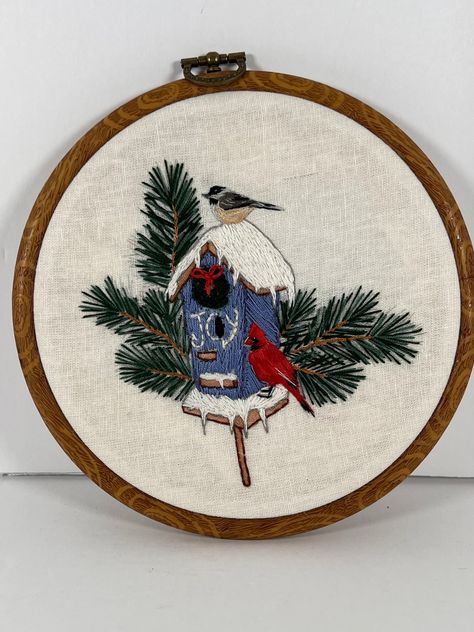 Camping Cross Stitch Patterns, Cardinal Embroidery, Winter Birdhouse, Birdhouse Wall, Cross Stitch Camping, Easy Hand Embroidery, Pine Boughs, Beautiful Birdhouses, Stitching Ideas