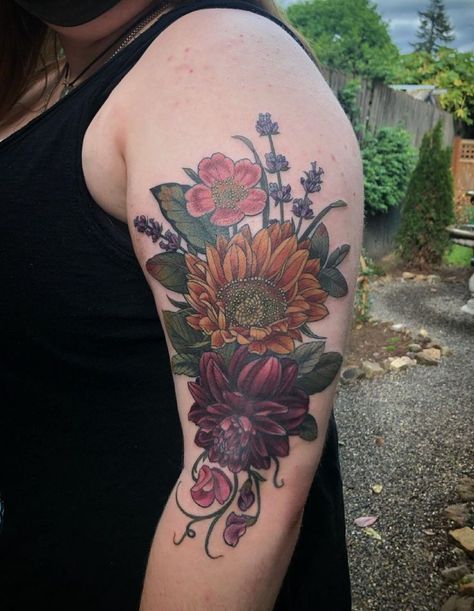 Dahlia And Sunflower Tattoo, Dark Colored Flower Tattoo, Dahlia Sunflower Tattoo, Fall Bouquet Tattoo, Peony And Sunflower Tattoo, Flowers And Bones Tattoo, Fall Floral Tattoo, Fall Flower Tattoo, Delicate Feminine Tattoos