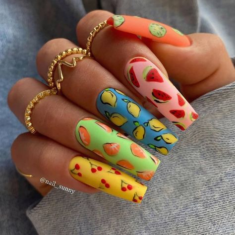 Final Touch Nails & Spa on Instagram: “'Fruit Nails' Are Trending, and They're Perfect for Summer 🍒🍊🍋🍉🥝#repost @nail_sunny 🆘𝐈𝐧𝐭𝐞𝐫𝐚𝐜𝐭 𝐰𝐢𝐭𝐡 𝐨𝐮𝐫 𝐩𝐨𝐬𝐭𝐬 (𝐥𝐢𝐤𝐞 𝐚𝐧𝐝 𝐚𝐧𝐝 𝐜𝐨𝐦𝐦𝐞𝐧𝐭) 𝐭𝐨…” Fun Summer Nails, Gel Pedicure, Tropical Nails, La Nails, October Nails, Neon Nails, Brown Nails, Best Nail, Beautiful Nail Art