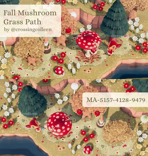 Acnh Red Cottagecore, Acnh Cozy Design Codes, Mushroom Acnh Island, Acnh Paths Designs Mushroom, Mushroom Design Codes Acnh, Mushcore Animal Crossing, Acnh Mushroom Design Code, Mushroom Island Animal Crossing, Acnh Mushroom Path Codes