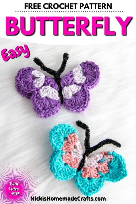 Celebrate the arrival of spring with this free crochet butterfly pattern. Create a beautiful butterfly that looks so real that you might even find it flying around your house! With only three rounds of crochet to complete, you'll be able to quickly and easily create a beautiful butterfly with pipe cleaner antennas that will be a beautiful addition to your home. Easy Butterfly Crochet Pattern Free, Crochet A Butterfly Free Pattern, Crocheted Butterflies Free Pattern, Crochet 3d Butterfly Free Pattern, Crochet Butterflies Free Pattern Easy, Butterfly Free Crochet Pattern, Butterfly Pattern Crochet, Quick Crochet Animal Patterns, Crochet Small Butterfly