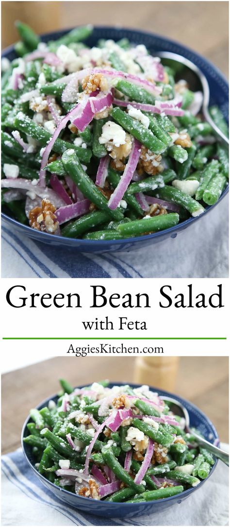 This recipe for Green Bean Salad with Feta is one of my all-time favorites for summer! Perfect for barbecues, picnics and potlucks. Green Bean Salad With Feta, Green Bean Cucumber Salad, Southern Salads, Cold Green Bean Salad, Southern Salad, Southern Green Beans, Green Bean Salad, Lemon Green Beans, Southern Living Recipes