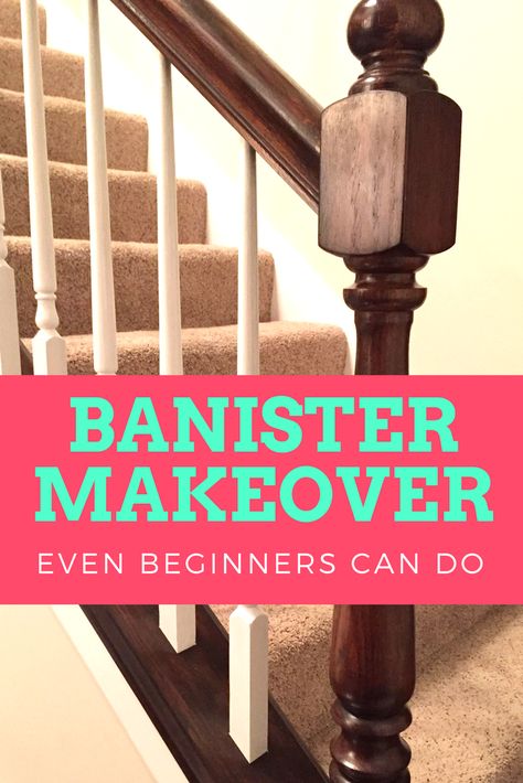 Farmhouse style with this simple update Redoing Railings Staircases, Update Old Stair Railing, Wood Banister Makeover, How To Update Stair Banister, Stairway Banister Makeover, Replace Banister Spindles, 90s Staircase Remodel, Update Bannister, Updating Banisters And Railings