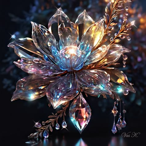 Fantasy crystal flower, by Vas K. Crystal Flower Aesthetic, Crystal Flower Drawing, Magic Flower Fantasy Art, Fantasy Flowers Magic, Fantasy Flowers Art, Cristal Flower, Fantasy Flora, Mystical Flowers, Fantasy Crystal