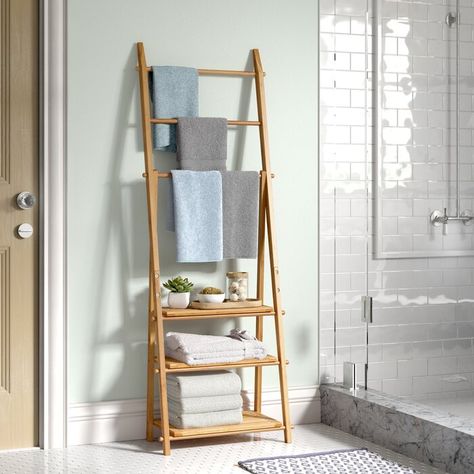 Relaxdays Bamboo Free-Standing Towel Rack & Reviews | Wayfair.co.uk Free Standing Towel Rack Bathroom, Bathroom Amazon, Standing Towel Rack, Glamorous Bathroom Decor, Free Standing Towel Rack, Cotton Basket, Basket Gifts, Organizer Bathroom, Cabinets Bathroom