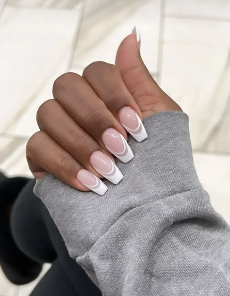 Soft Pink Acrylic Nails With Design, Coffin White Nails Design, Nails For Senior Pictures, Senior Picture Nails Ideas, Ballerina French Tip Nails, Senior Nails Ideas, Deb Nails, White On White French Manicure, Senior Picture Nails