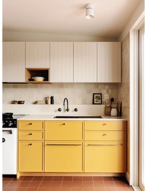 Before + After: A Sunny Yellow Kitchen For A Victorian Cottage Yellow Kitchen Cabinets Vintage, Retro Kitchen Renovation, Pale Yellow Cabinets Kitchen, Pale Yellow Kitchen Cabinets, Yellow And Green Kitchen, Green And Yellow Kitchen, Yellow Kitchen Tiles, Pale Yellow Kitchens, Modern Retro Kitchen