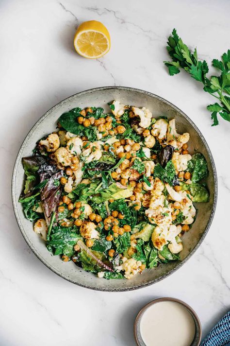 Cauliflower Chickpea Salad, Roasted Cauliflower Chickpea, Cauliflower Chickpea, Cold Pasta Dishes, Roasted Cauliflower Salad, Crunchy Chickpeas, Food Traditional, Satisfying Salads, Lemon Tahini Dressing