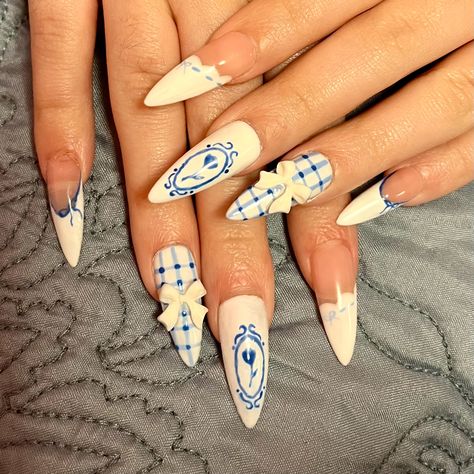 #bluenails #blue #farmgirl #farmgirlvintage #spanishtile #coquette #bluecoquette #plaidnails #bow #bownails #aesthetic #gingham #ginghamtrend #nail #naildesign #nailartideas #summernails #summer #springnaildesigns #spring #tulipnailart #tulips #blueandwhite Dorothy Nails, Blue Bow Nails, Gingham Nails, Bow Nails, Red Nail Designs, Nails Inspo, Blue Gingham, Blue Bow, Blue Nails