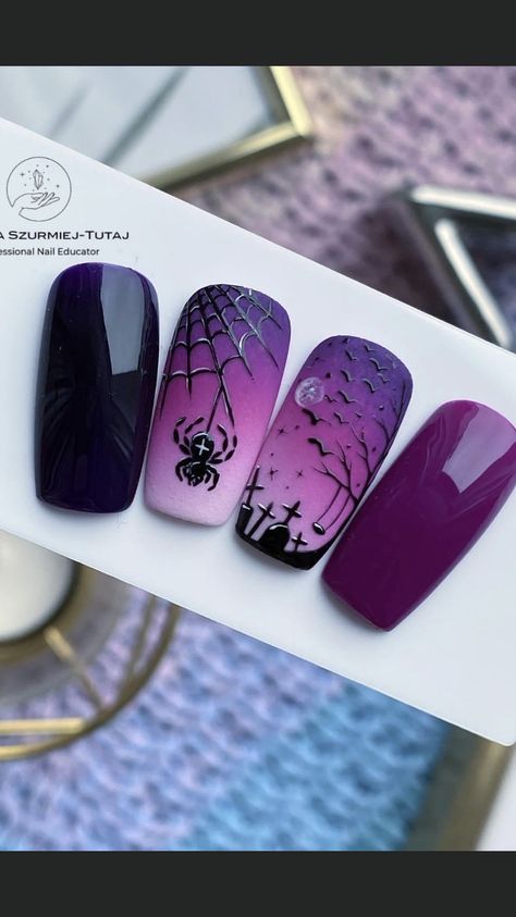 Ongles Gel Violet, Nailart Tutorial, Holloween Nails, Unghie Nail Art, Halloween Acrylic Nails, Cute Halloween Nails, October Nails, Beauty Nails Design, Goth Nails