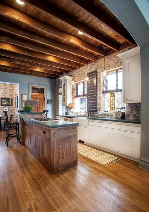 exposed joist ceiling kitchen - love the exposed look and the blue! Exposed Joist Ceiling, Exposed Beams In Kitchen, Joist Ceiling, Exposed Joists, Beam In Kitchen, Rental Renovation, Basement Ceilings, Exposed Wood Ceilings, Exposed Ceiling