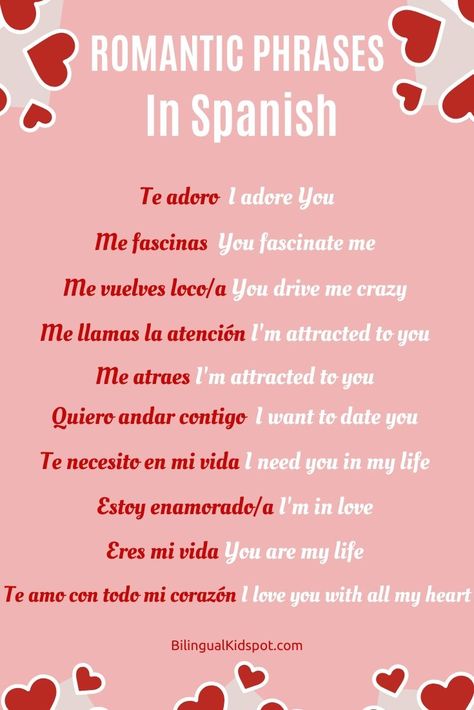 Spanish Romantic Phrases Infographic Romantic Phrases In Spanish, Spanish Quotes Love With Translation, Romantic Words In Spanish, How To Say I Love You In Spanish, Love Words In Spanish, Love Phrases In Spanish, Love Notes In Spanish, Spanish Love Quotes Translated, I Love You In Spanish