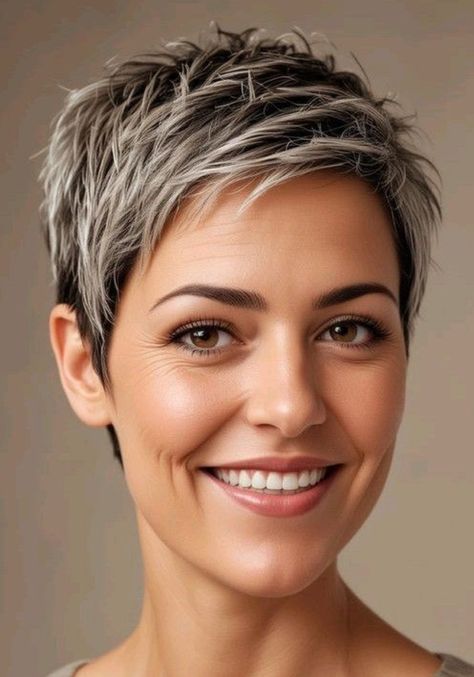 Short Grey Hair Highlights, Short Hairstyles Women Over 40 New Looks, Pixie Hair Styles, Short Layered Pixie, Short Haircuts Ideas, Textured Pixie, Short Spiked Hair, Textured Pixie Cut, Short Silver Hair