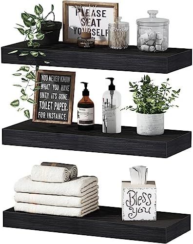 Sorbus Floating Wall Shelf Set: This floating shelf set includes two flat rectangular shelves and one open box rectangular shelf, offering a flexible and stylish storage solution for any room in your home. Can also be used as wall shelves for living room, floating book shelves for wall, bathroom shelves, and more. Floating Shelves Decor, Rustic Bathroom Accessories, Wooden Bathroom Storage, Float Shelf, Bathroom Decor Themes, Shelves Decor, Black Floating Shelves, Full Bathroom Remodel, Shelves Bathroom