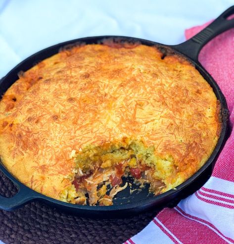 Skillet Chicken Tamale Pie - Recipe - Charlotte Shares Cornbread Dinner, Chicken Tamale Pie, Skillet Pie, Campfire Foods, Chicken Tamale, Tamale Pie Recipe, Cheesy Cornbread, Chicken Tomatoes, Chicken Tamales