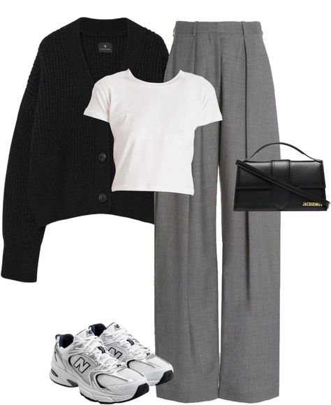 h outfit ideas | School Outfits University College Students, Grey Bottoms Outfit, Grey Trousers Outfit Women Casual, Grey Pant Outfits Women, Light Gray Trousers Outfit, Light Grey Trousers Outfit, Gray Slacks Outfit Women, Amman Outfits, Grey Wide Leg Pants Outfit