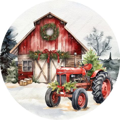 Country Christmas Scenes, Farmhouse Christmas Pictures, Christmas Tractor Painting, Barn Christmas Photoshoot, Christmas Tractor, Christmas Barn, Xmas Pictures, Christmas Red Truck, Christmas Decorations Wreaths