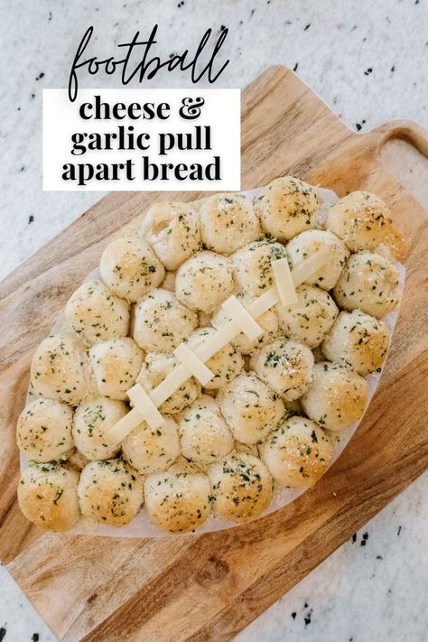 Pull Apart Cheese Bread Football, Best Football Sunday Food, Football Shaped Pigs In A Blanket, Pull Apart Football Cheesy Bread, Football Shaped Bread, Savory Superbowl Snacks, Superbowl Party Side Dishes, Football Pull Apart Bread, Sides For Football Party