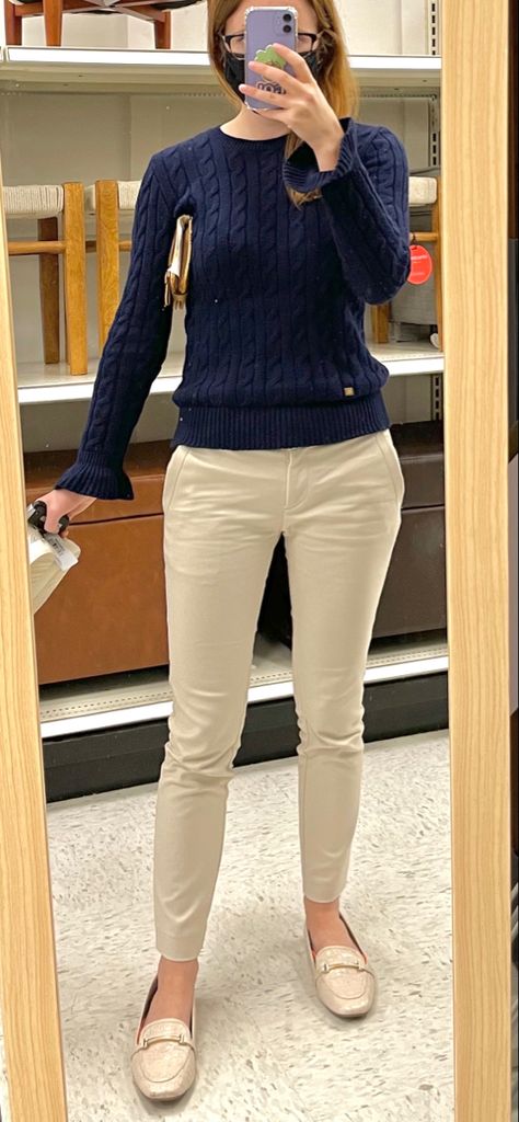 Ralph lauren navy blue cable knit sweater crewneck long sleeve, khaki work pants skinny dress pants ann taylor petite, white loafers justfab, clinical rotation outfit Sweater Work Outfit, Khaki Pants Outfit Women, Khaki Work Pants, Khaki Pants Outfit, Pants Outfit Work, Dress Pants Outfits, Blue Cable Knit Sweater, Knit Sweater Outfit, White Loafers