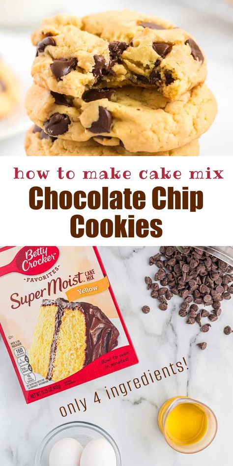 These easy chocolate chip cookies are made from boxed cake mix. The best simple dessert! Turn Box Cake Into Cookies, Cookies Recipes Using Cake Mixes, Rolo Cake Mix Cookies, Cookie Cake Box Recipe, How To Make Cookies Out Of Cake Mix Recipes, Cake Mix Cookies French Vanilla, Cake Mix Choc Chip Cookies, Simple Cake Mix Cookies, Chocolate Chip Cookies With Cake Mix Boxes