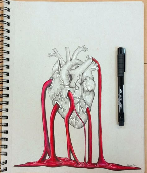 Drawing Of A Damaged Heart, Heart Bleeds Art, Beating Heart Drawing, Heart Pouring Out Drawing, Draining Drawing, Crushing Heart Drawing, Anatomy Surrealism, Heart In Skeleton Drawing, Evil Heart Drawing