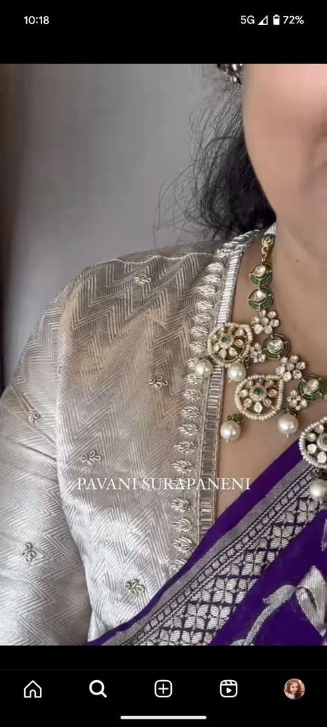 Purple Saree Blouse Combination, Silver Saree Blouse, Silver Blouse Designs, Banarasi Blouse Design, Heavy Work Blouse Designs, Thread Work Blouse Designs, Sarees Ideas, Saree Jacket Designs, Model Blouse Designs