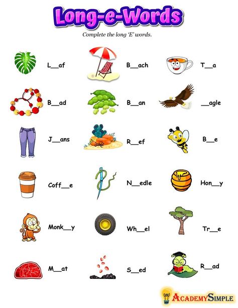 #academysimple, #worksheets, #printablel, #kidsactivities, #activitiesforkids, #homeschooling, #educationalresources, #download, #pdf, #practice, #learning, #vowels, #cvcwords, #phonics Learning Vowels, English Vowels, Long E Words, Long Vowel Worksheets, Short Vowel Activities, Math Fact Worksheets, Reading Comprehension For Kids, Vowel Activities, Blends Worksheets