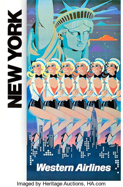 Western Airlines: New York (c. 1970s). Full-Bleed Travel Poster | Lot #86760 | Heritage Auctions Coastal Brunch, Airlines Ads, Travel Outfit Spring, Vintage Airline Posters, Vintage Airline, Aviation Posters, New York Graffiti, York Travel, Airline Travel