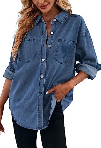 Denim Shirts For Women, Blue Shirt With Jeans, How To Wear Leggings, Oversized Jean Jacket, Oversized Jeans, Long Sleeve Denim Shirt, Denim Shirts, Jacket With Pockets, Denim Outerwear