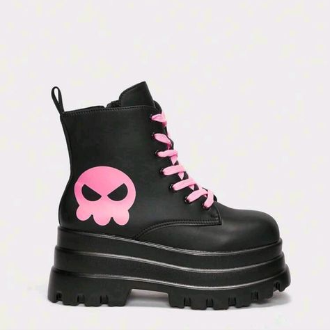 Cartoon Skull Graphic Lace-Up Front Punk Black/Pink Combat Boots Side Zipper Heel 3.3 Inch Round Toe Platform Ankle Boots Upper Material: Microfiber Leather Lining Material: Polyester Insole Material: Polyester Outsole Material: Pur Black And Pink Clothes, Platform Shoes Drawing, Black And Pink Boots, Pink Emo Outfits, Pink Techwear, Pink And Black Boots, Goth Kids Clothes, Pink Punk Outfits, Pink And Black Shoes