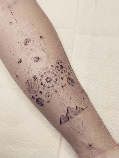 Geometric Universe Tattoo, Tattoo Planets, Tattoo Prague, Ethereal Tattoos, Egyptian Eye Tattoos, Planet Tattoo, Astronomy Tattoo, Egyptian Tattoo Sleeve, Universe Tattoo