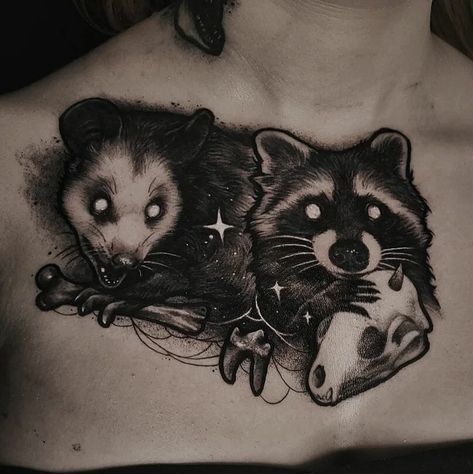 Raccoon And Possum Matching Tattoo, Matching Possum Tattoos, Opposum Tattoo Design, Raccoon And Possum Tattoo, Matching Raccoon Tattoo, Trash Panda Tattoo, Raccoon Tattoos, Skunk Tattoo, Possum Tattoo