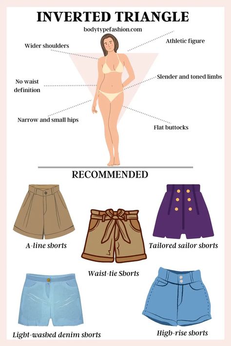 Best Shorts Styles for Inverted Triangle Body Shape - Fashion for Your Body Type Summer Outfit Inverted Triangle, Tips For Inverted Triangle Shape, Best Dress Style For Body Type Inverted Triangle, Inverted Triangle Outfits Shorts, Inverted Triangle Bottoms, Outfit Ideas For Inverted Triangle Body Shape, Bottoms For Inverted Triangle Shape, Sleeves For Inverted Triangle Body Shape, Inverted Triangle Shorts Outfit