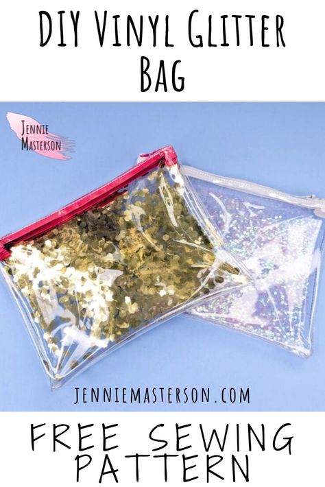 Learn how to sew a clear vinyl zipper bag that has a glitter flair with this step-by-step tutorial! This DIY project also includes a free PDF sewing pattern! #sewing #glitter#vinyl #tutorial #diy Diy Zipper Pouch, Bag Free Sewing Pattern, Diy Pouch No Zipper, Crafts Sewing Projects, Pouch Sewing, Glitter Bag, Vinyl Bag, Free Sewing Pattern, Free Pdf Sewing Patterns