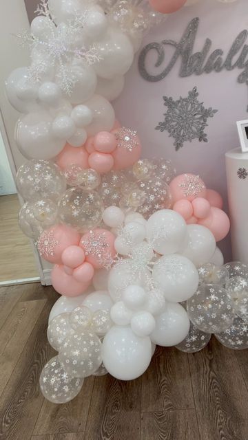 Winterwonder Land Baby Shower Theme Girl, Snowflake Theme Baby Shower Ideas, Snowflake Party Decorations, Pink Winter Balloon Arch, Pink Wonderland Baby Shower Ideas, Girl Baby Shower Ideas Winter, Pink Winter Party, Baby It’s Cold Outside Baby Shower Theme Girl, Baby Its Cold Outside Baby Shower Ideas Pink