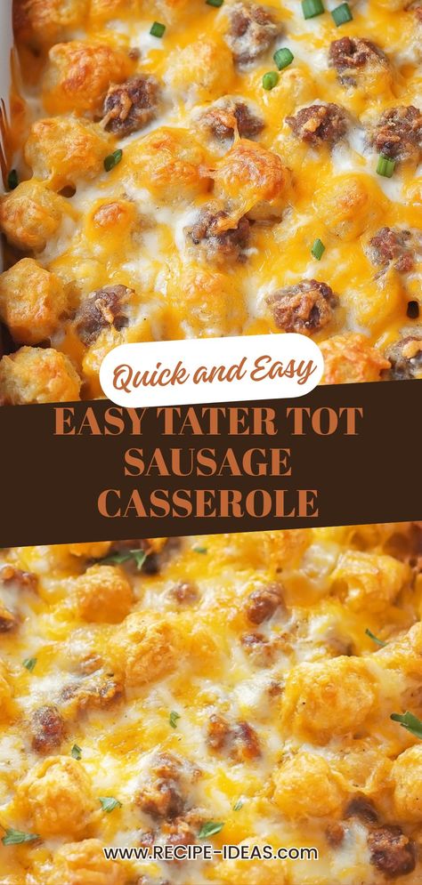 This Easy Tater Tot Sausage Casserole is perfect for any brunch or a filling meal prep. It's a delightful combination of crispy tater tots, savory sausage, and melted cheese, creating a scrumptious layer of flavors that everyone will love. Whether you're hosting family or just need a make-ahead dish, this casserole is not only satisfying but also affordable to make. It serves a crowd and can be tailored to fit preferences—add veggies or swap the sausage for another protein for even more variation. Enjoy the rich taste of this comforting breakfast dish that will quickly become a family favorite! Sausage Tater Tot Casserole, Filling Meal Prep, Tater Tot Sausage Breakfast Casserole, Savory Casserole, Comforting Breakfast, Easy Tater Tot Casserole, Easy Tater Tots, Breakfast Feast, Cheesy Breakfast