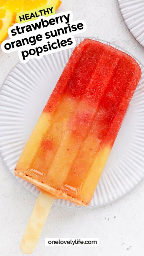 These Strawberry Orange Sunrise Popsicles are made from real-food ingredients, naturally sweetened, and perfect for summer! (They're even naturally gluten-free, vegan, and paleo-approved!) Get the recipe for these healthy strawberry orange popsicles and more homemade popsicle recipes to try at One Lovely Life Paleo Popsicles, Homemade Popsicles Healthy, Orange Popsicles, Fruit Popsicle Recipes, Homemade Fruit Popsicles, Snowflake Making, Vegan Popsicles, Healthy Popsicle Recipes, Healthy Fruit Snacks