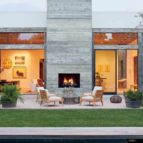 Indoor Outdoor Fireplaces, Outdoor Space Design, Concrete Fireplace, Outdoor Fireplaces, Los Angeles Homes, Celebrity Houses, Fireplace Design, Indoor Outdoor Living, Outdoor Fire