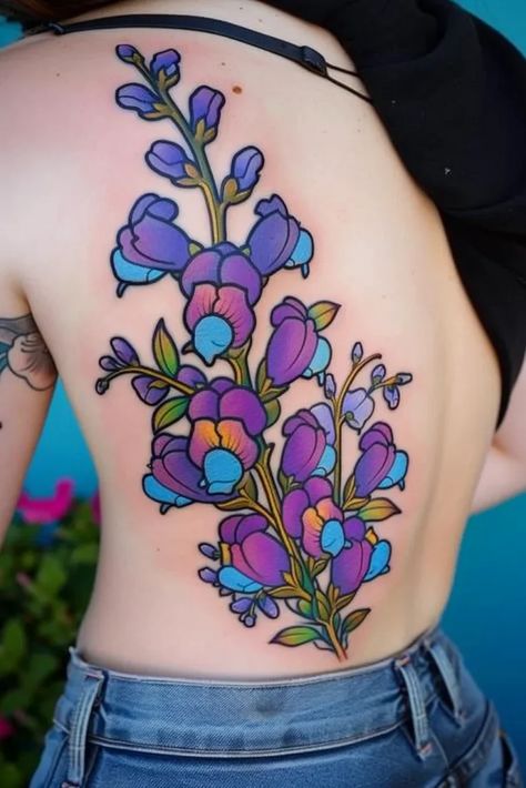 Thigh Tattoos Color, Color Outline Tattoo, Light Purple Tattoo, Colorful Cover Up Tattoos, Flower Tattoos Colorful, Veronica Flower Tattoo, Snapdragon Flowers Tattoo, Snapdragon Flower Tattoo, Color Test Tattoo