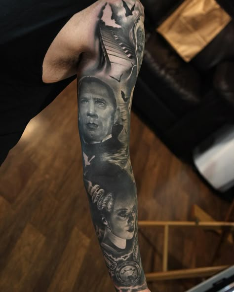 Vintage Horror Tattoo Sleeve, Universal Monsters Tattoo Sleeve, Classic Monster Tattoo, Bela Lugosi Tattoo, Vintage Horror Tattoo, Universal Monsters Tattoo, Horror Sleeve Tattoo, Monsters Tattoo, Monster Tattoos