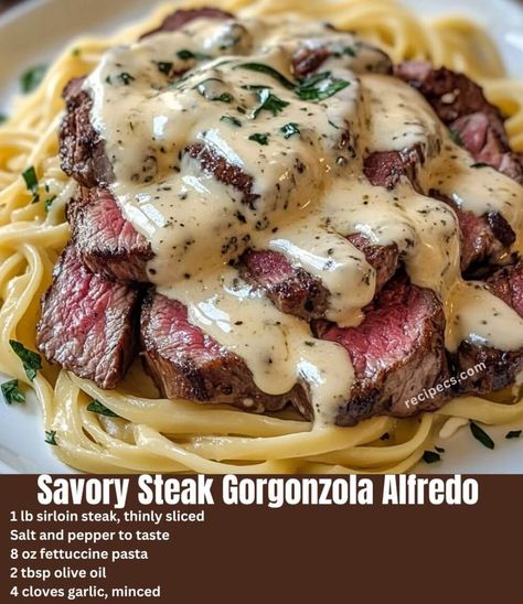 If you are in the mood for a rich and indulgent pasta dish that perfectly balances savory and creamy flavors, then Savory Steak Gorgonzola Alfredo with Creamy Pasta Dinner Dishes, Family Meal Dinner Ideas, Steak And Fettuccine, Copycat Olive Garden Steak Gorgonzola Alfredo, Steak Tortellini Alfredo, Steak And Ravioli Dinners, Dinner Ideas Alfredo, Seven Steak Recipes, Chicken And Steak Recipes Dinners