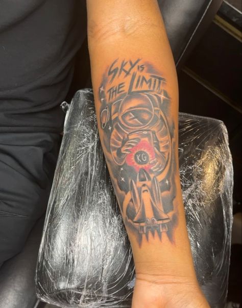 615 Tattoos, Sky’s The Limit Tattoo, The Sky Is The Limit Tattoos, Skys The Limit Tattoo, Sky Is The Limit Tattoo, Forearm Word Tattoo, Arm Tattoos Lettering, Ripped Skin Tattoo, Space Tattoo Sleeve