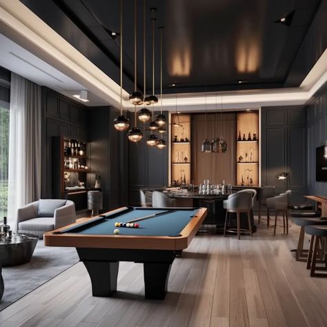 15 Game Room Ideas For Adults - HearthandPetals Bar Lounge Room Ideas House Modern, Lounge Bar Interior Design Home, Luxury Home Bar Room, Chic Pool Table Room, Chic Modern Interior Design, Entertainment Bar Room, Modern Classic Game Room, Luxury Pool Table Room, Game And Bar Room