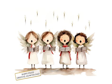 Introducing my Adorable Little Angels Singing Christmas Carols Watercolor Clipart Bundle, the perfect addition to your fun and creative collection! At an affordable price, this bundle is a practical investment for anyone looking to add more fun and creativity to their projects and everyday life. Use this bundle collection of Adorable Little Angels Singing Christmas Carols watercolor illustrations to create beautiful personal projects or unique gifts. The pack includes all the illustrations you can see at the listing images. Perfect for digital crafting and paper craft, be it for journaling, scrapbooking, wall art, coasters, mugs, invitations, greeting cards, planners or anything you can think of. May your creativity be your only limit! *The bundle includes a total of 10 individual watercol Christmas Carols, Watercolor Angel Christmas Cards, Angel Watercolor Paintings Easy, Angel Illustration Cute, Christmas Angel Clipart, Angels Singing, Singing Angels Art, Delicate Details, Christmas Illustration