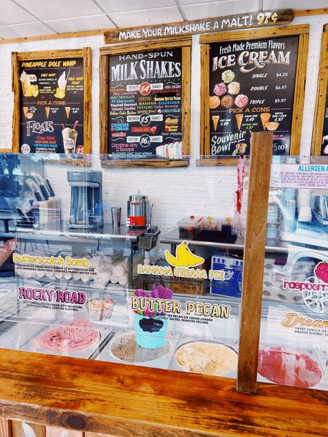 Bakery And Ice Cream Shop, Tiny Ice Cream Shop, Ice Cream Parlor Aesthetic, Parlor Aesthetic, Ice Cream Shop Interior Design, Ice Cream Shop Interior, Ice Cream Bicycle, Ice Cream Snacks, Eclectic Wall Decor