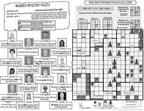 A 16x16 black and white grid filled with various furniture in a top down view. On the left, 15 suspects give clues about how to place them on the grid. Mystery Puzzles, Grid Puzzles, Autumn Puzzle, Detective Game, Daily Puzzle, Escape Room Puzzles, Hard Puzzles, Horror Party, Higher Level Thinking